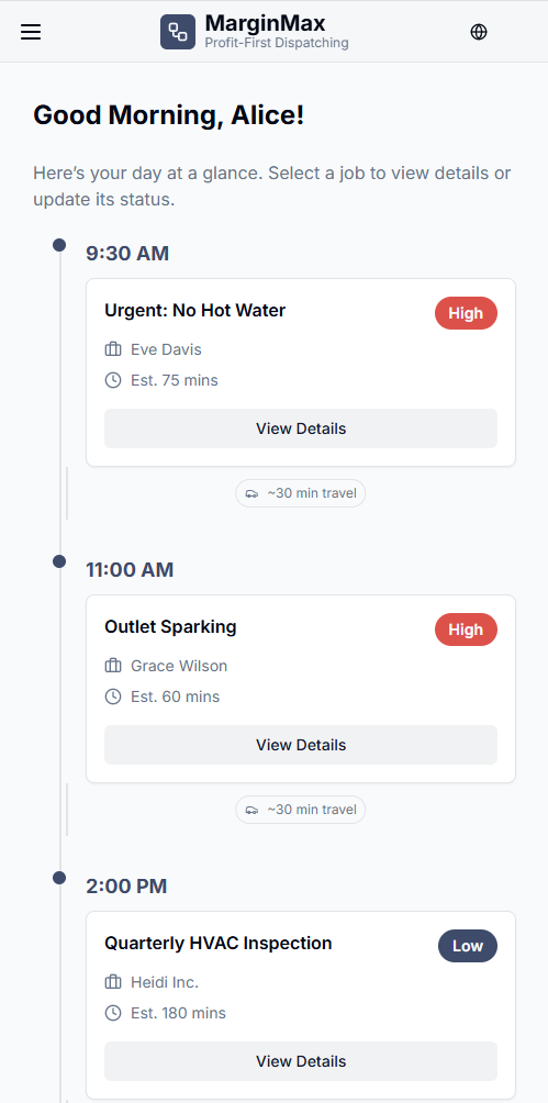 Mobile technician view screenshot for MarginMax app